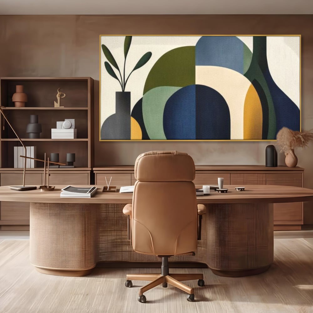 Tablou canvas cu tablou canvas cu forme geometrice si vaze, in rama de aluminiu auriu, pe perete intr-un birou